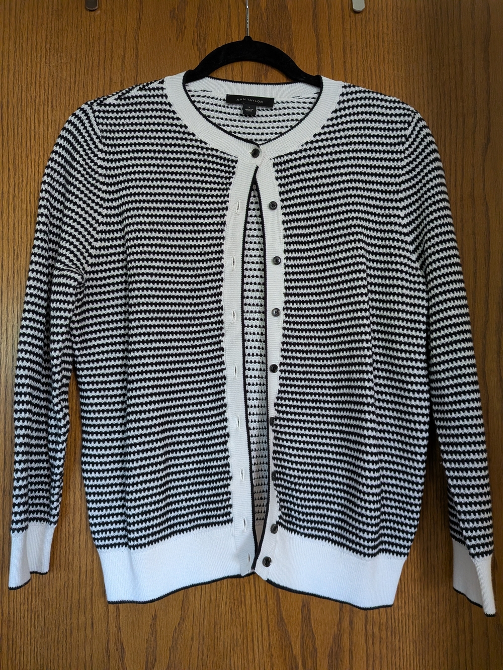Ann Taylor Black & White Striped Crewneck Cardigan Sweater